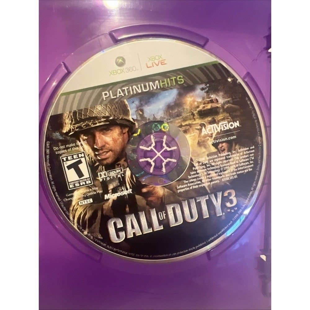 Activision Call of Duty 3 Xbox 360 Platinum Hits World War II Shooter Game Disc